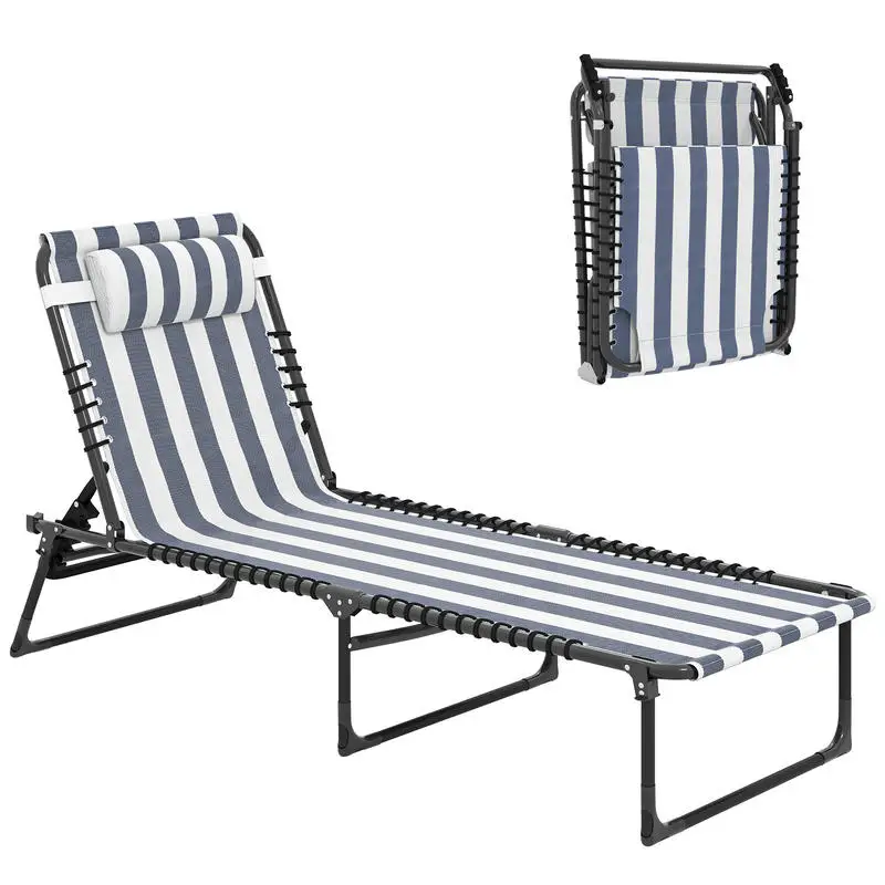 

Outsunny Folding Chaise Lounge Pool Chair with 4-Position Reclining Back, Pillow, Breathable Mesh & Bungee Seat, Blue & White