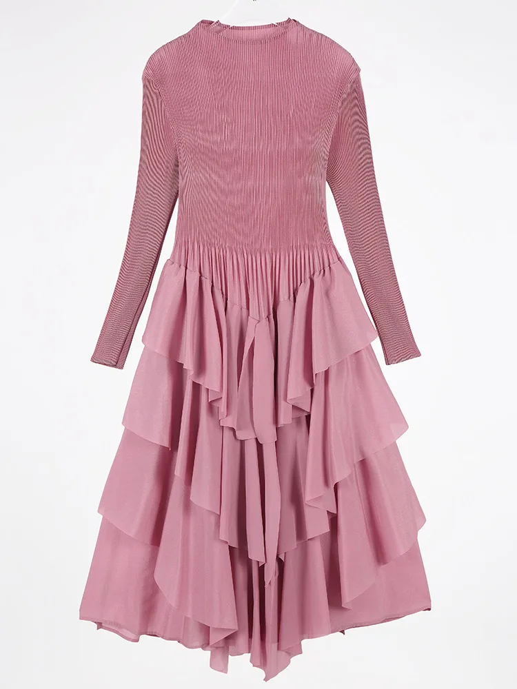 Moda sólida em camadas vestidos irregulares primavera feminino o pescoço manga comprida vestido plissado outono cintura alta magro na altura do joelho vestido