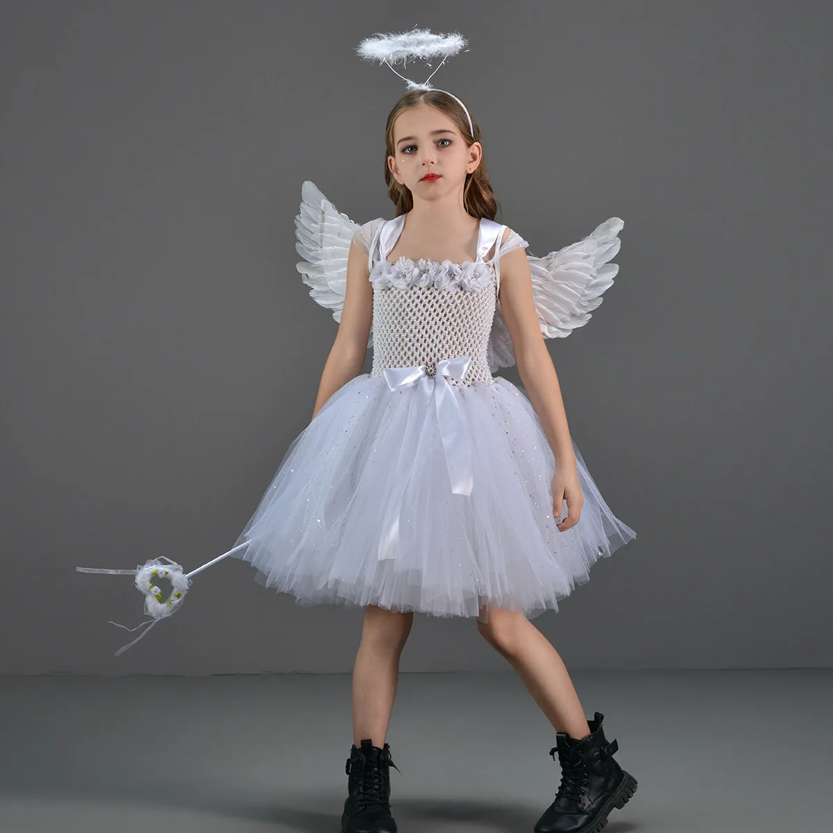 Umorden-Disfraz de ángel blanco de la guarda brillante para Halloween, Cosplay para niñas, vestido tutú + alas + varita de Halo, conjunto completo de 2 a 12 años
