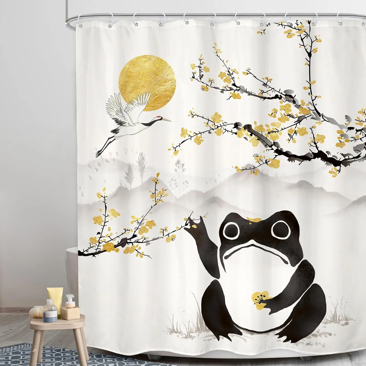 

Frog Crane Plum Blossom Shower Curtain Japanese Style Art Decor Bath Room Water Resistant Fabric With Hooks Golden Moon Nature