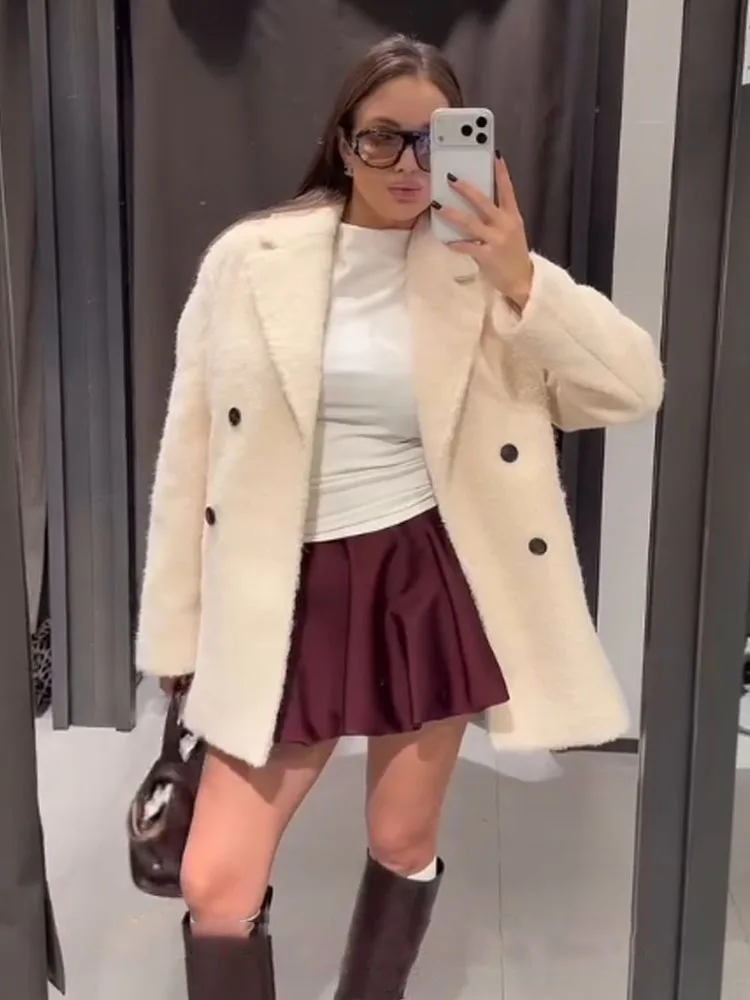 

HH Women Elegant Long Sleeves Lapel Double Breasted Pocket Decoration Pearl Velvet Overcoat Woman Casual Loose Street Style Coat