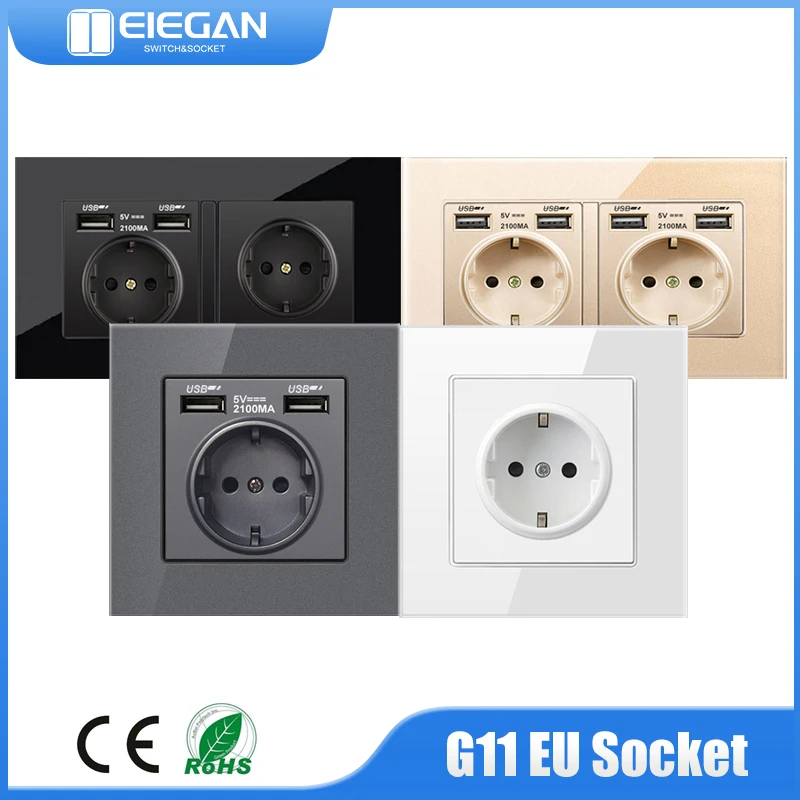 

G11 EU Standard Wall Power Socket Embedded Bedroom Glass Panel Protection Against Electric Shock AC 110-220V USB Charger Socket