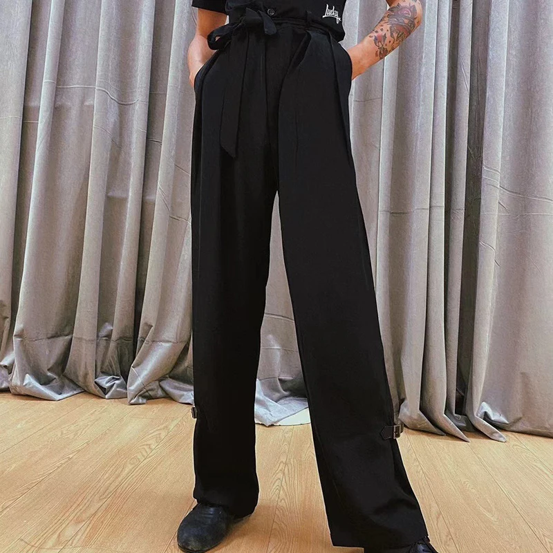 

Latin Dance Pants For Men High Waisted Lace Up Straight Leg Pants Chacha Rumba Samba Ballroom Latin Practice Clothes DQS13242