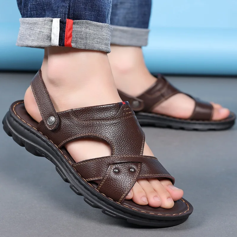 

New arrivel noble Men's Sandals Non-slip Genuine Leather Sandals Soft Slippers Flat For Mens Casual Shoes Sandalias T1884