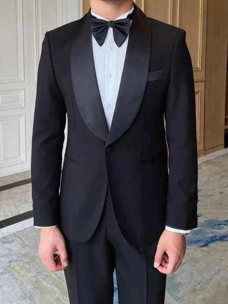 

Slim Fit Black Men Suits 2 Piece Groom Tuxedos Shawl Lapel One Button Blazer Pants Sets Wedding Prom Business Costume Homme