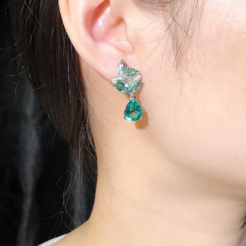 Pera Elegant Korean Style Light Blue Cubic Zirconia Women Fashion Pendant Leaf Necklace Water Drop Earrings Jewelry Sets J151