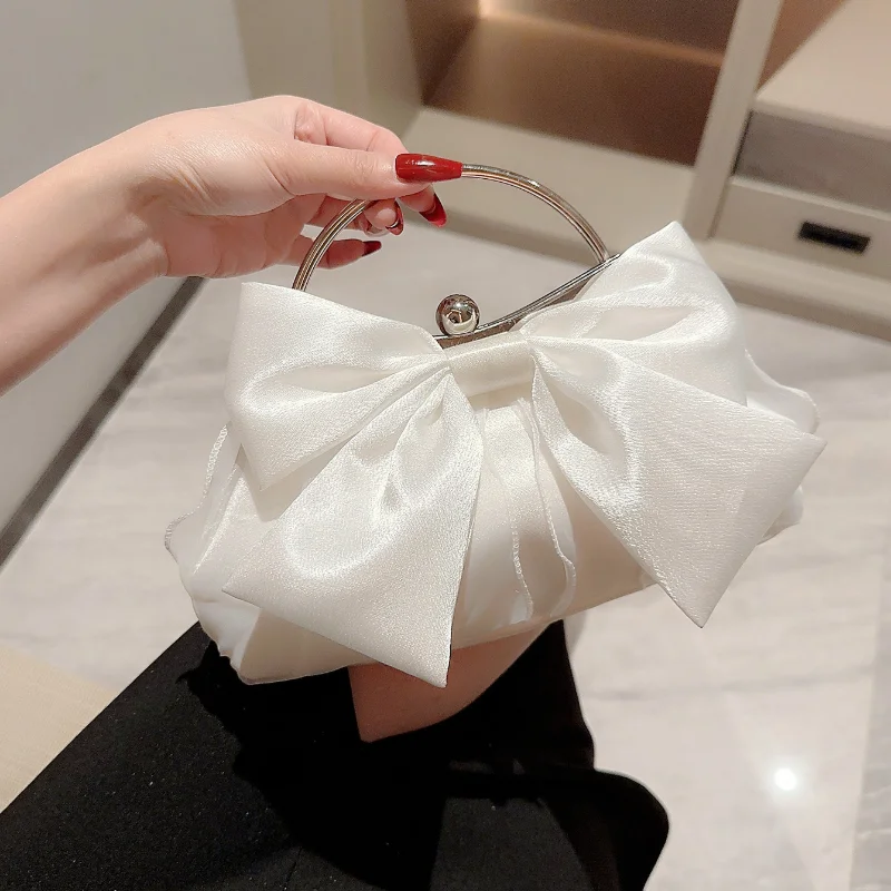 

High-end White Wedding Bag Banquet Handbag Evening Clutch Bowknot Chain Evening Bag