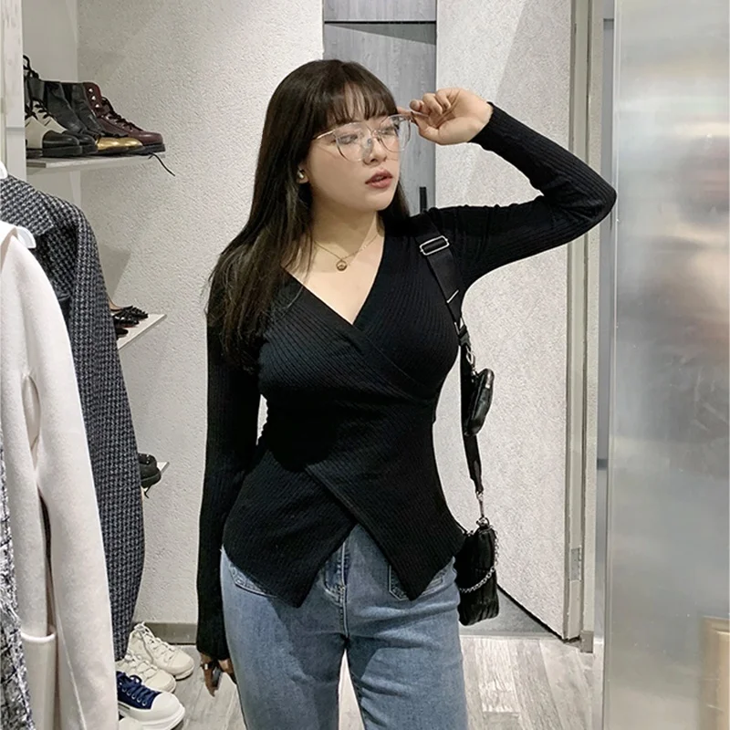 

plus Size Women's V-Ne Knitwear Spring Autumn Design Sensation Casual Inner Wear Tummy Covering plus Size Faion