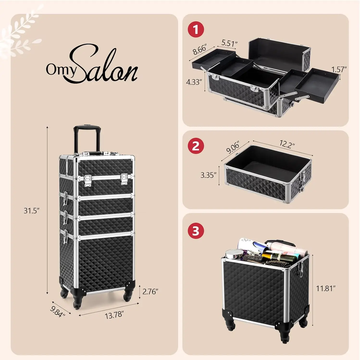 4 In 1 Rolling Makeup Train Case Aluminum Cosmetic Trolley Beauty Stylist Artist Organizer Box 4 Removable Wheels Lockable Keys