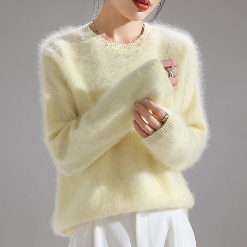 

Качественный женский флисовый пуловер из 100% мериносовой шерсти, осень-зима, с круглым вырезом и длинными рукавами, толстый повседневный свитер, простой вязаный топ