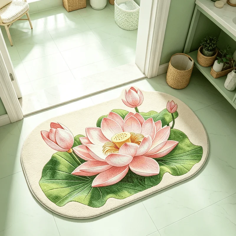 VIKAMA Lotus Flower Design Plush Bath Mat Non-Slip Soft Fluffy Washable Rug for Bedroom Living Room French Style Floor Mat