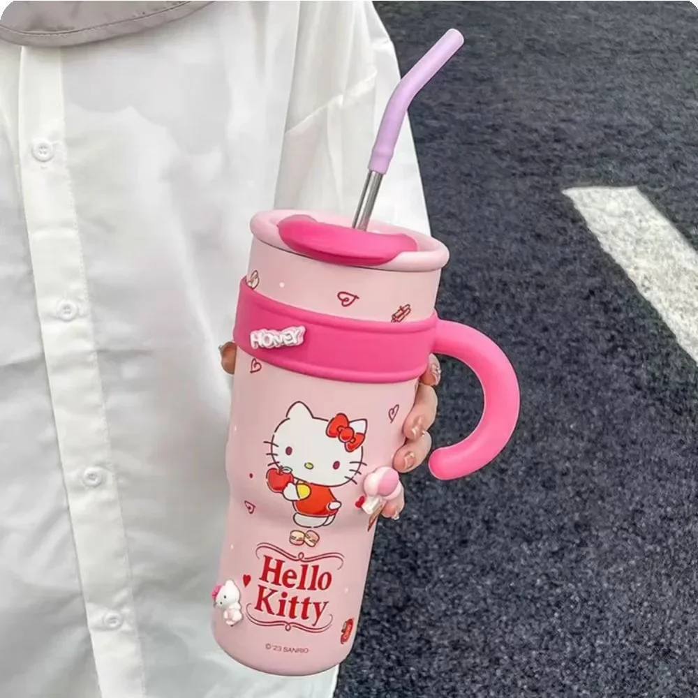 1200ml New Sanrios Ice Cup with Handle Kawaii Hello Kitty Kuromi My Melody Cinnamoroll Portable Large Capacity Straw Thermos Mug