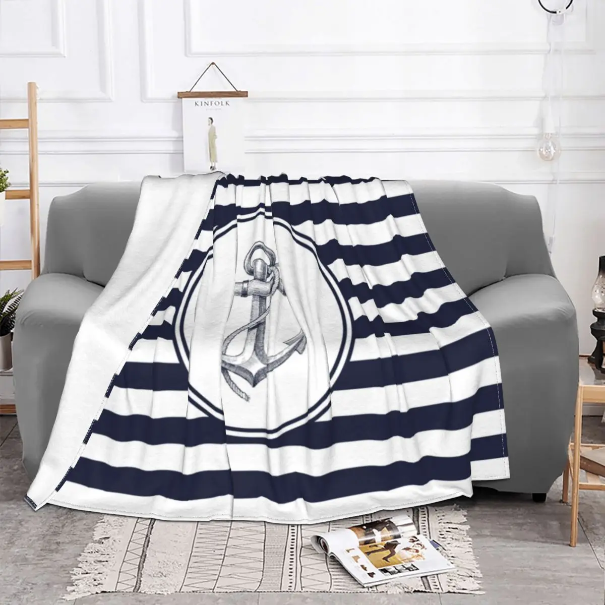 

Anchor And Navy Blue Stripes Blanket Fleece Print Breathable Warm Throw Blankets for Bed Travel Plush Thin Quilt