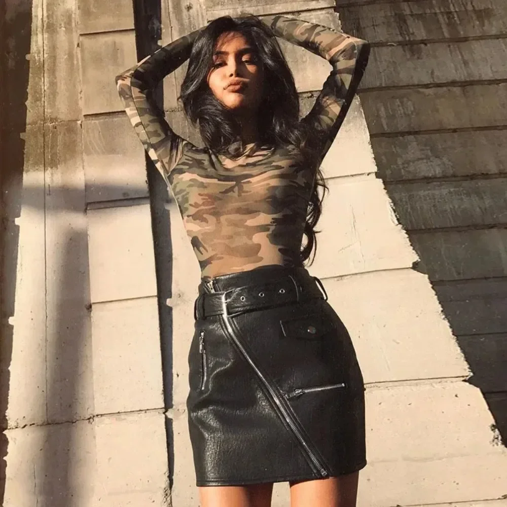 

Women Crop Tops Long Sleeve Camouflage Print Tees T-shirt Fashion Mesh See Through Ladies Sexy Short Women Summer Y2k Top