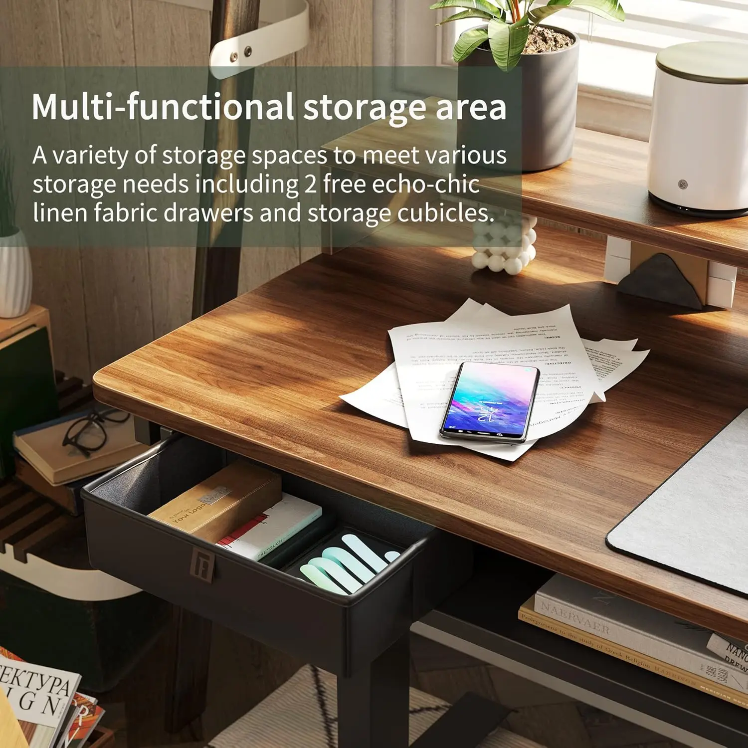 مكتب قائم على شكل حرف L مع شريط LED ودرجين، محركات ثلاثية تدعم أكثر من 300 رطل، أرفف تخزين علوية وسفلية متاحة #6