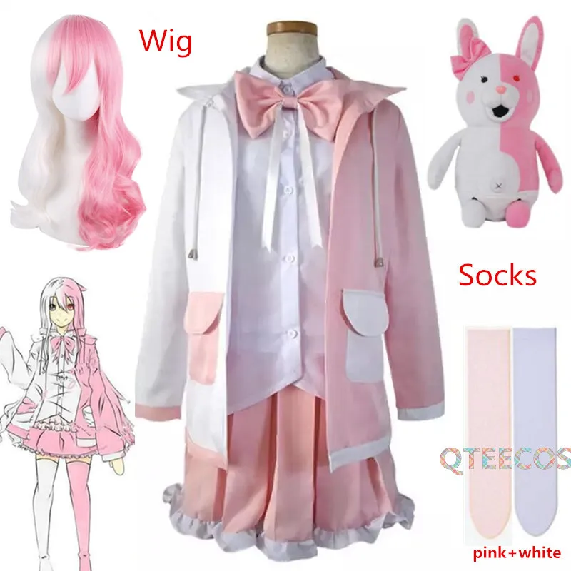 Monomi Cosplay Costume JK School Uniform Hooded Jacket Coat Skirt Shirt Set With Pink Long Wig Adult