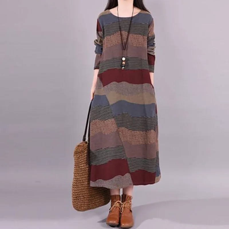 Fashion Printing Spliced Striped Loose Midi Dress Women\'s Clothing 2023 Autumn Winter New Oversized Asymmetrical Casual Dresses