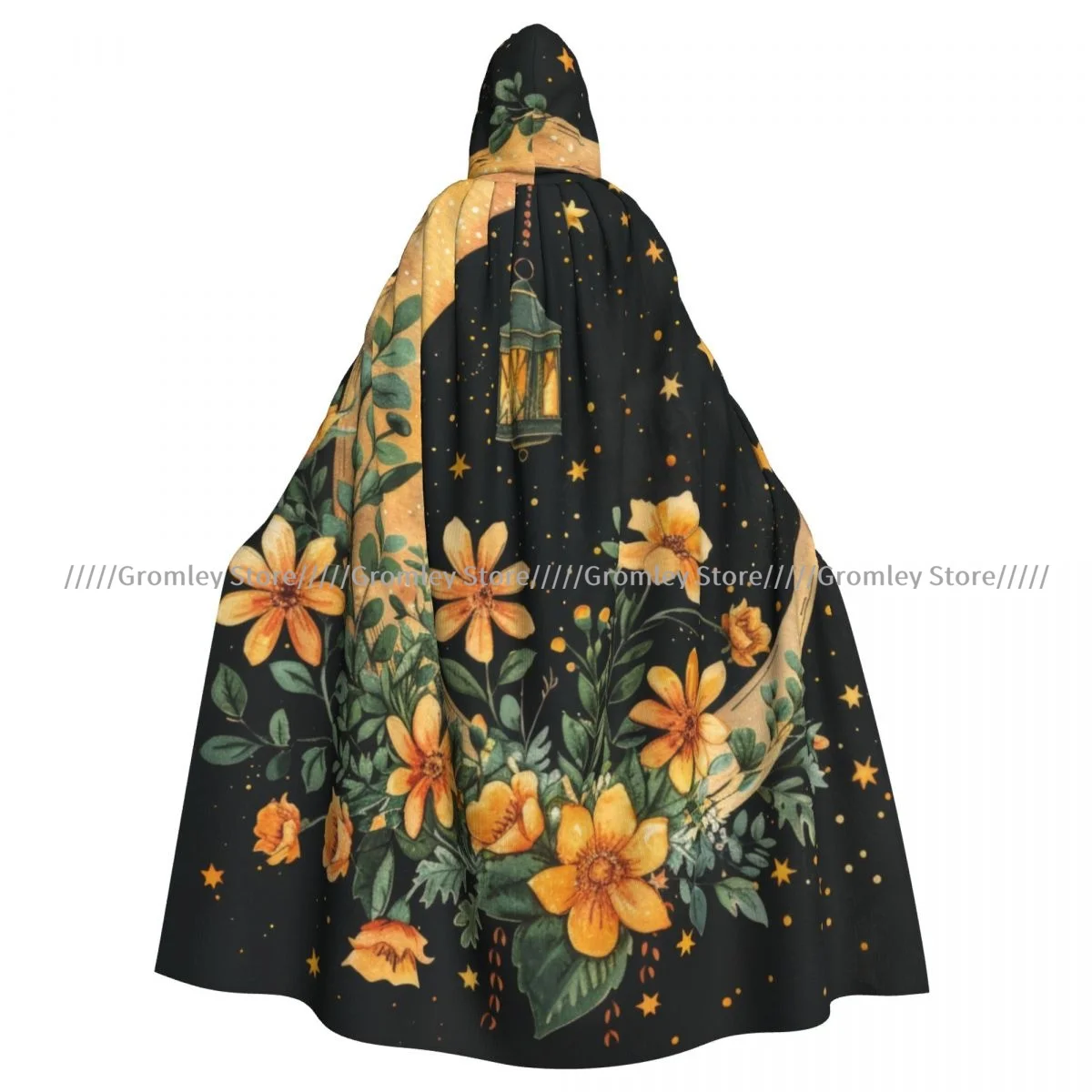 Crescent Moon With Flower Lantern Witch Cloak Hooded Cosplay Costume Halloween Adult Long Party Cape