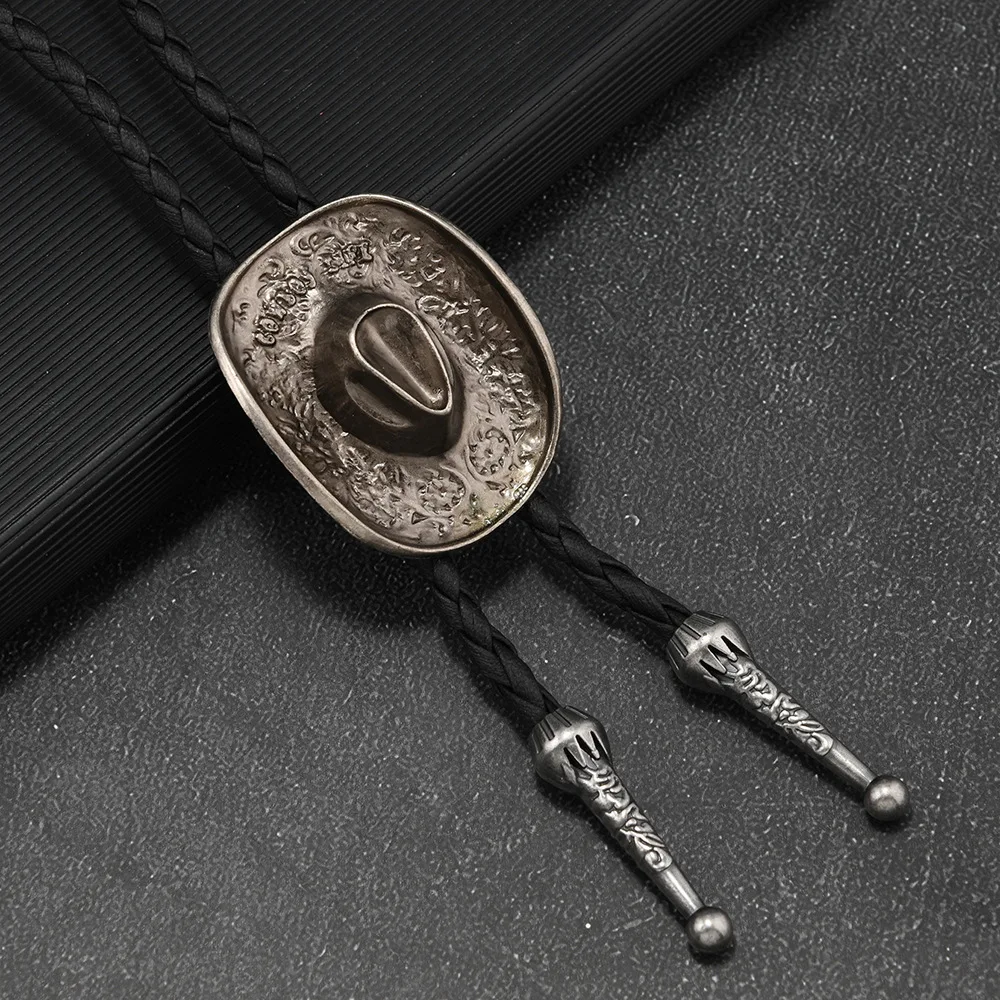 New Arrival Alloy Jazz Hat Bolo Tie Western Cowboy Style Leather Necklace for Men Women Fashion Accessory