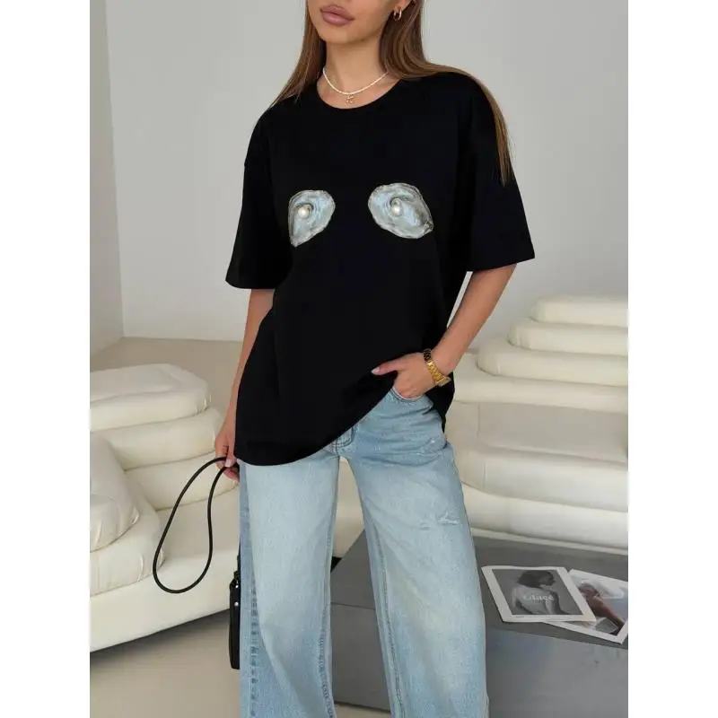 Oyster Pearl Pattern Graphic Cotton T-Shirt | Bold Seafood Print Oversized Casual Tee Russian Fashion Sweet Girls Loose Street