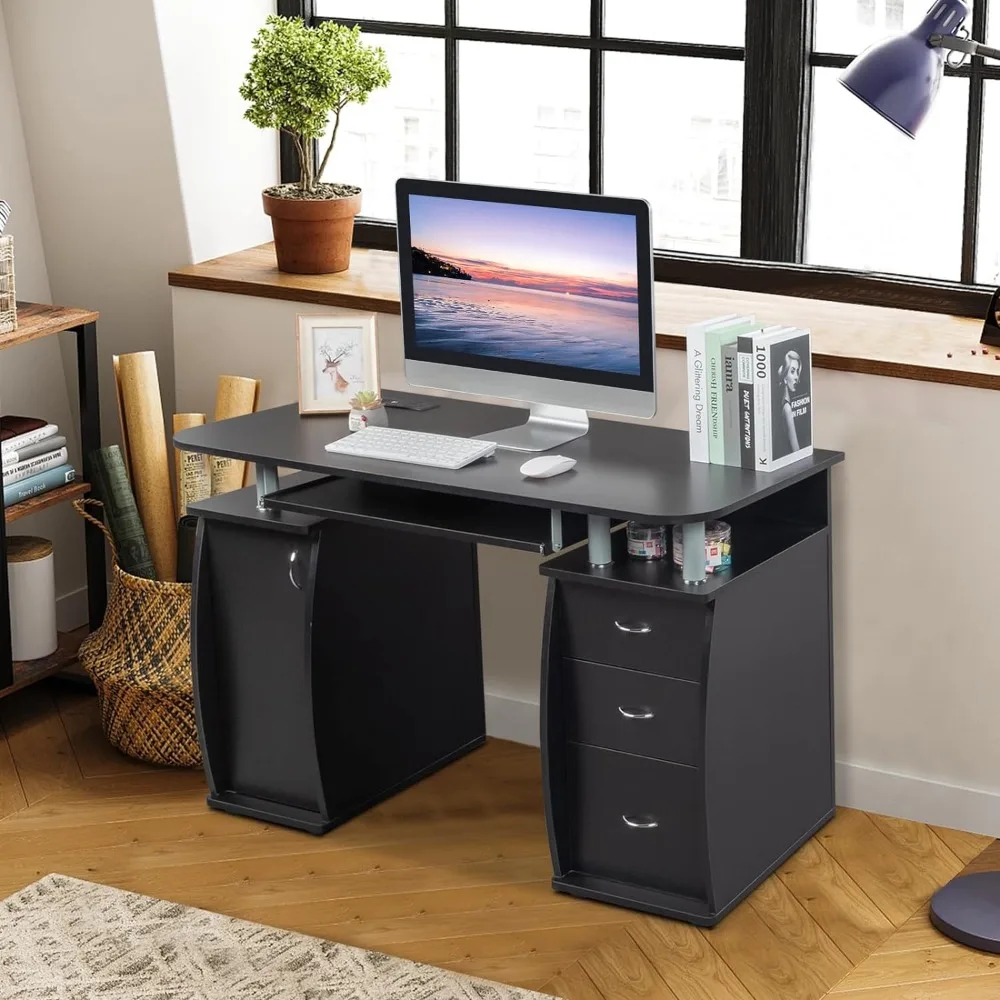 MDF Computer Desk with Strip Socket,Home Office Desk Writing Desk,Office Table with 3 Drawers and Storage Cabinet