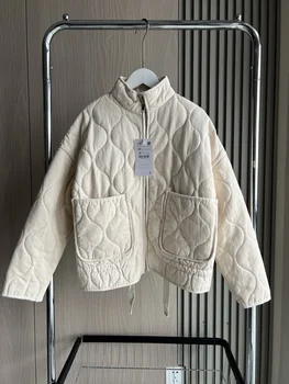 Women's Polyester Padded Jacket 2026New Arrival Vintage Lenzing Rayon High Collar Large Pocket Decorative Quilted Coat for Women 3