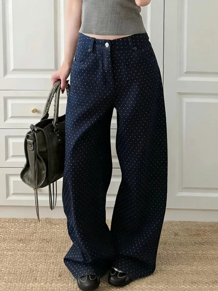 Polka Dot Wide Leg Jeans for Women Autumn New High Waist Curved Cut Denim Pants Retro Versatile Casual Floor Length Trousers