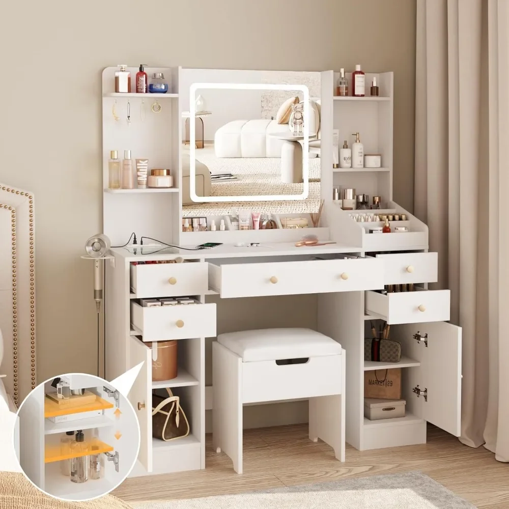 Vanity Desk con luci, tavolo da trucco con stazione di ricarica, Set da toeletta grande 44.9in con 5 cassetti e un sacco di spazio di archiviazione