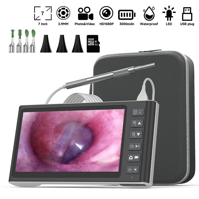 

7-дюймовый IPS-экран, отоскопическая камера HD1080P, 3,9 мм, USB визуальный очиститель ушей, ложка для ушей, эндоскоп для проверки ушей, 32 ГБ, TF-карта, чехол для инструментов