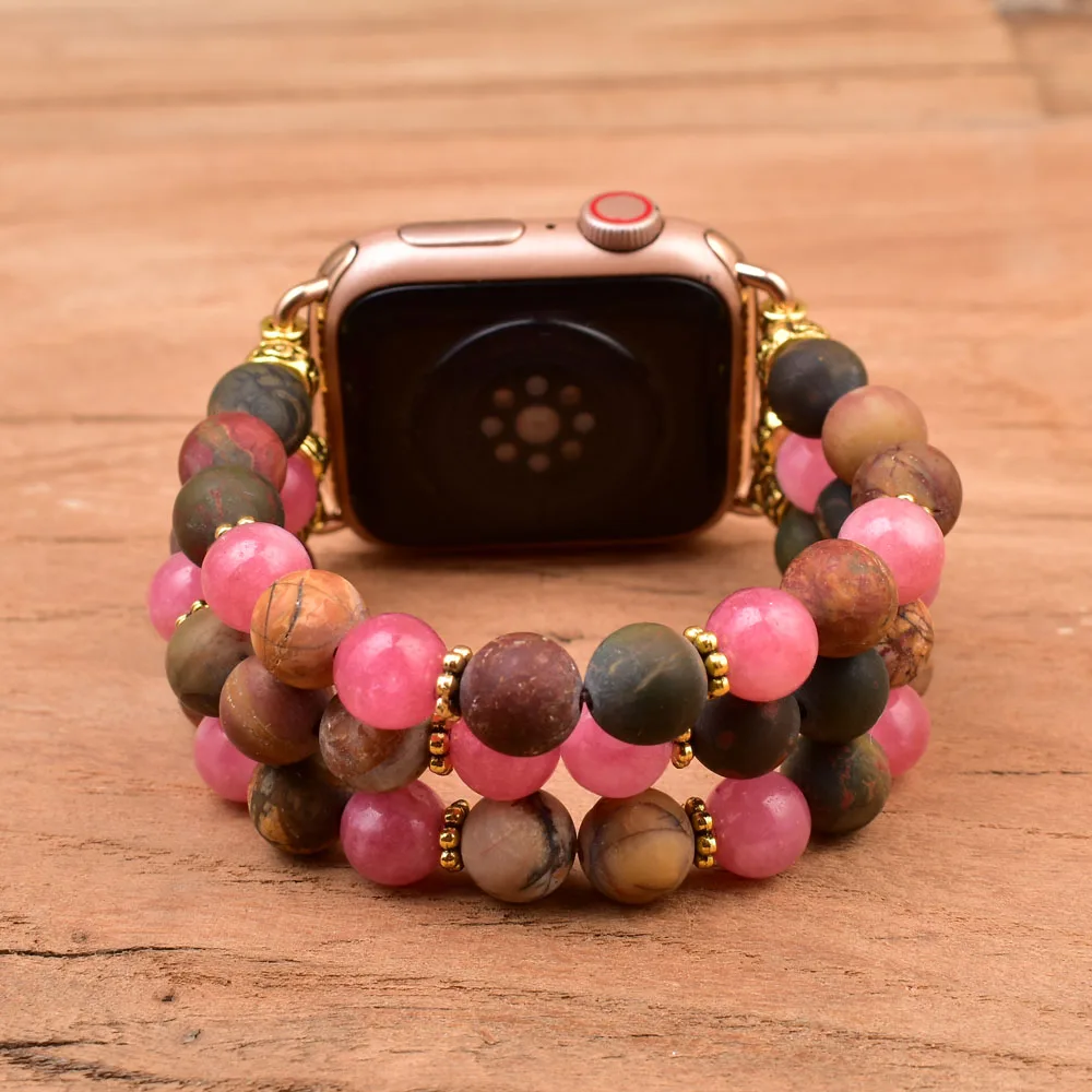 Natural Stone Picasso Pink Jasper Vintage Women Apple Watch Band 38mm 41mm 42mm 44mm 45mm Stone Beaded Bracelet Strap for Iwatch