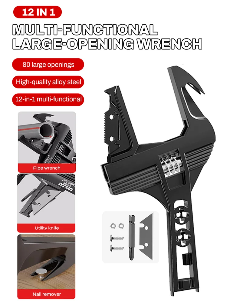 

Multi-function Adjustable Wrench Aluminium Alloy Large Open Wrench Universal Spanner Repair Tool for Water Pipe Screw Bathroom