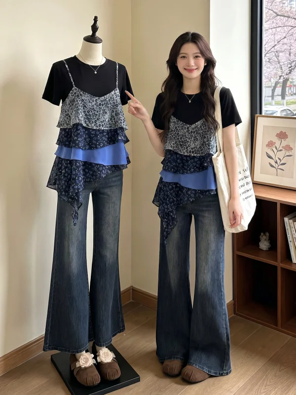 Floral Lace Hem Tiger Print Crop Top Short Sleeve T-Shirt Women's Summer New Style plus Size Fat MM Two Piece Set Korean Style