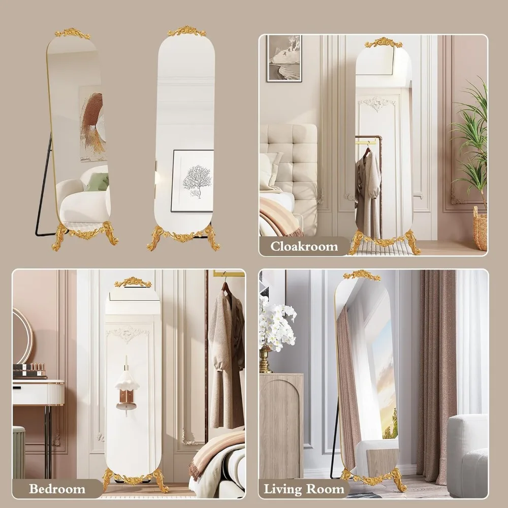 Elegante vintage gotische stijl gebogen vloerspiegel over de volledige lengte met standaard, 61,5 hoog x 20 breed, gouden afwerking, grote wanddecoratie