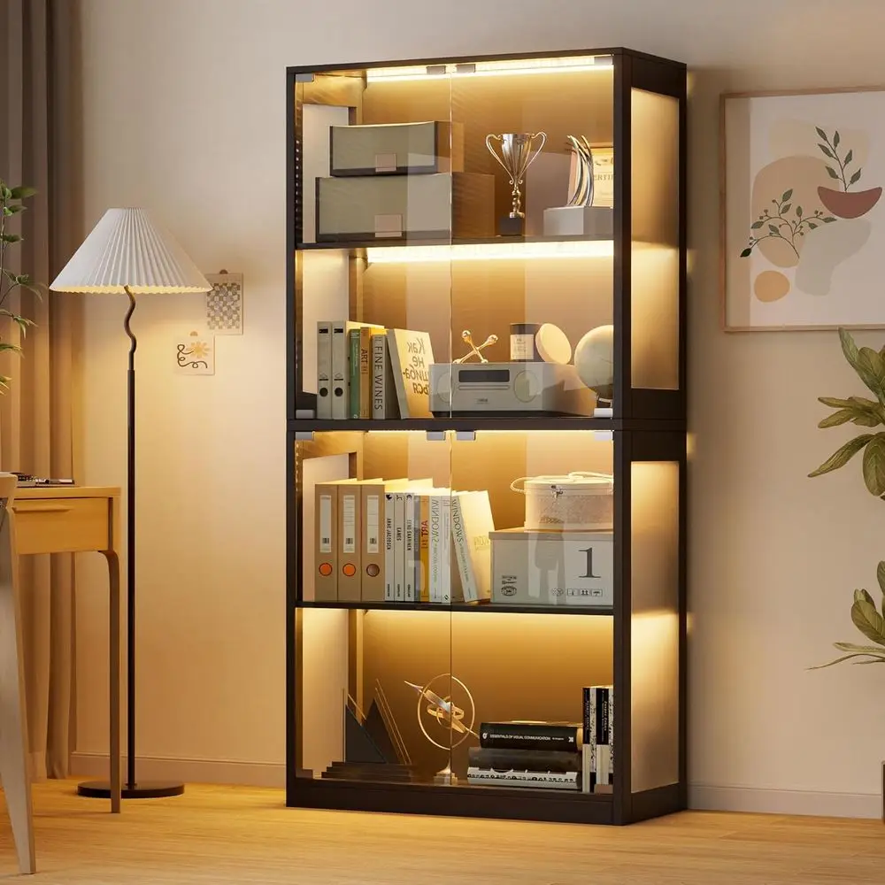 

4-Tier Black Glass Display Cabinet for Collectibles, Curio Showcase with LED Lights, Ideal for Living Room and Playroom
