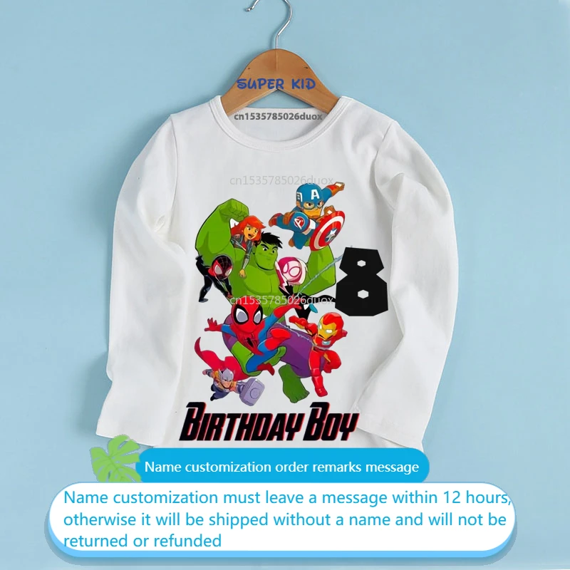 

3 4 5 6 7 8 Marvel Superheroes Custom Name Birthday Party Boys Clothes SpiderMan Iron Man Hulk Birthday Boy Long Sleeve T-shirt