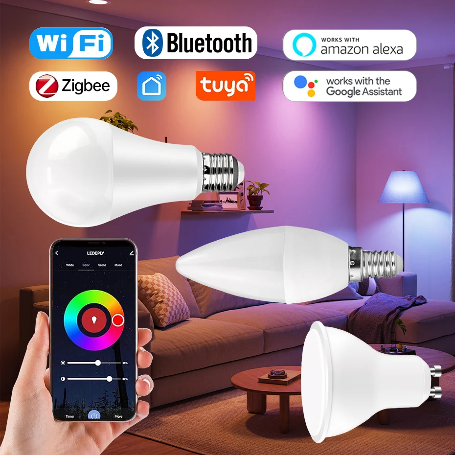 Tuya WiFi ZigBee Bluetooth E27/GU10/E14 Led Bulb Smart Life App Control RGB Dimmable Smart Light Bulbs Lamp Voice Control 5W&15W