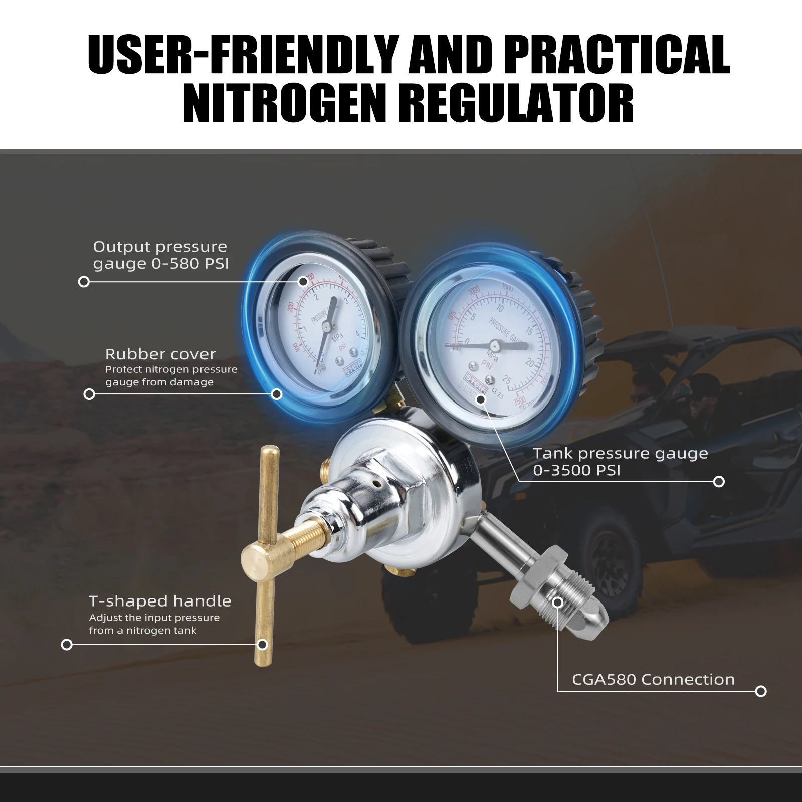 

ATV UTV Nitrogen Regulator Shock Fill Kit CGA580 For Honda TRX450R Yamaha Raptor 700R Polaris RZR XP1000 Can-Am Maverick X3