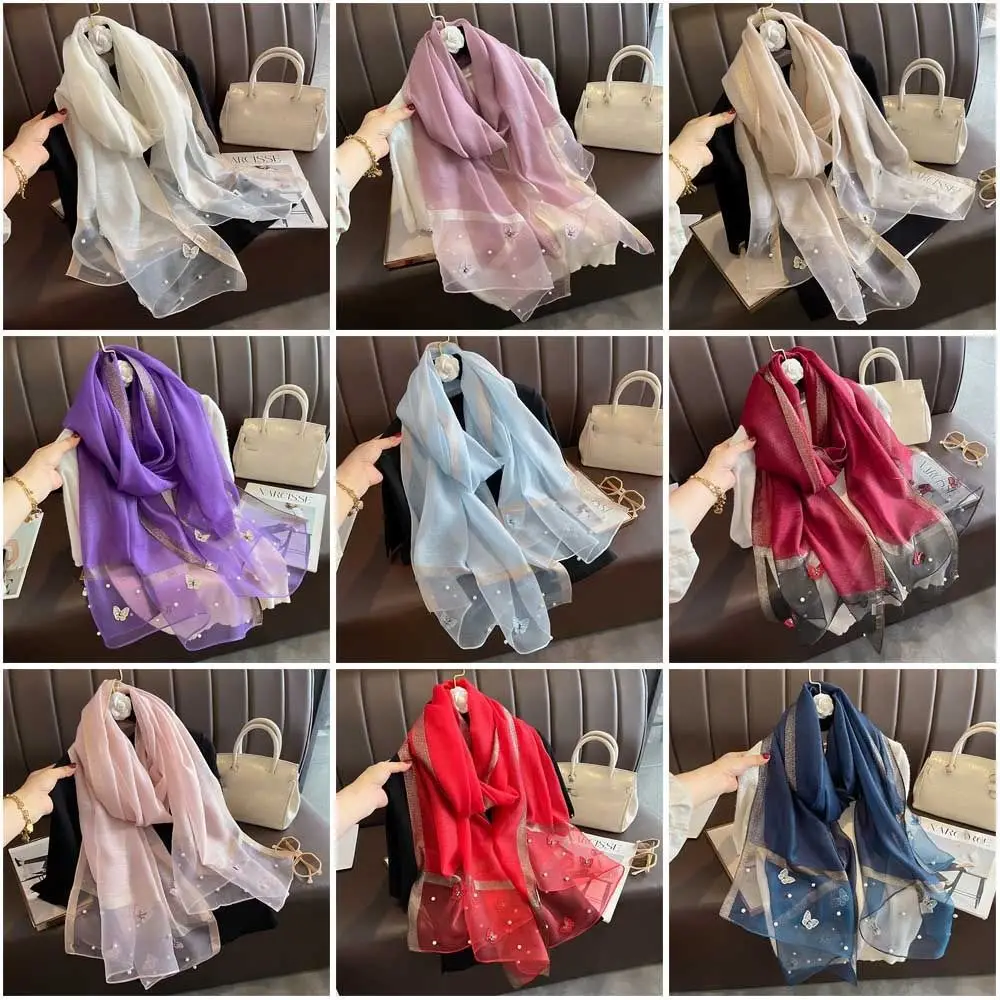 Women Fashion Butterfly Embroidered Scarf Plain Solid Silk Linen Shawls Scarves Summer Lady Bandanas Foulard Hijab