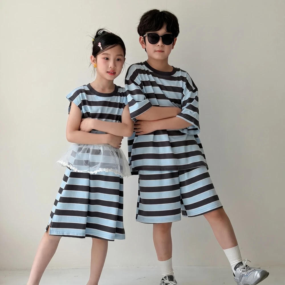 Set 2026 Spring and Summer New Childrens Clothes Korean Boys and Girls Striped T-shirt Shorts Two-piece Dress Brother and Sister