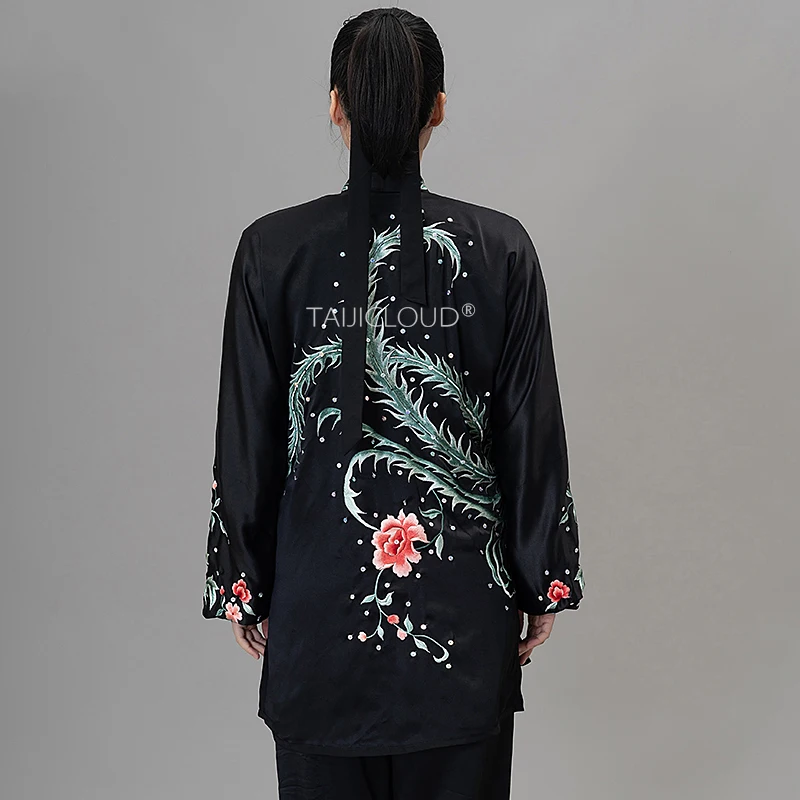 Black Phoenix Embroidery Silk Tai Chi Costume - Flowing Martial Arts Uniform for Competition, Training & Baduanjin Exercise - Image 5