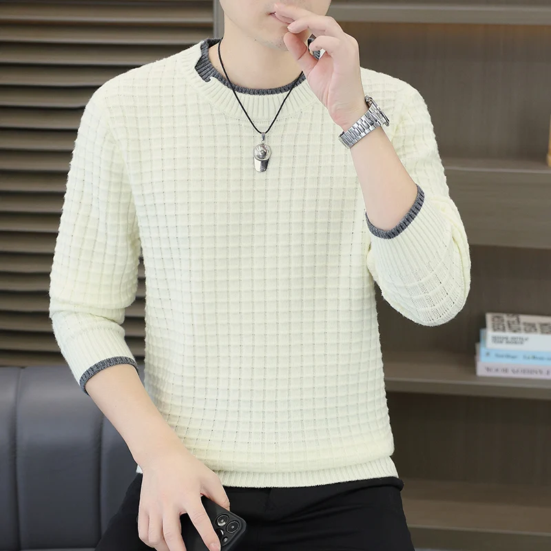 

Мужской вязаный свитер с ромбовидным узором, круглый вырез, повседневный, для ношения под одеждой, премиум-класса, для многослойных образов, зима-осень