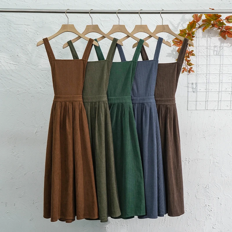 

Corduroy Women Dresses Sleeveless Back Cross Elegant Retro Autumn and Winte Pinafore Dress Overall Straps Suspenders Sundress