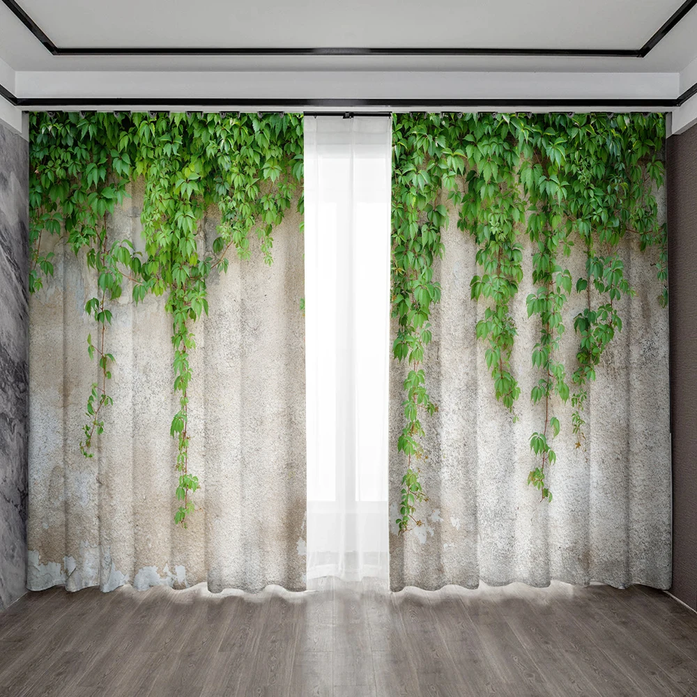 2PC Home Decoration Curtains, Green Leaf Plant Background Wall, Modern Printed Curtain With Pole Bag, Kitchen, Coffee Shop