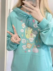 Japanese Mint Green Cute Cartoon Printed Hoodies Women Autumn Subculture Casual Loose Sweatshirt Preppy Style Teenage Kawaii Top