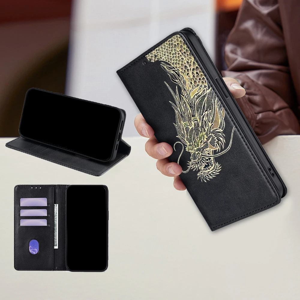 Business Wallet Magnetic Flip Case For Xiaomi Poco C85 C75 C71 C61 C65 C51 C50 Protective Cover Dragon Pattern Leather Case