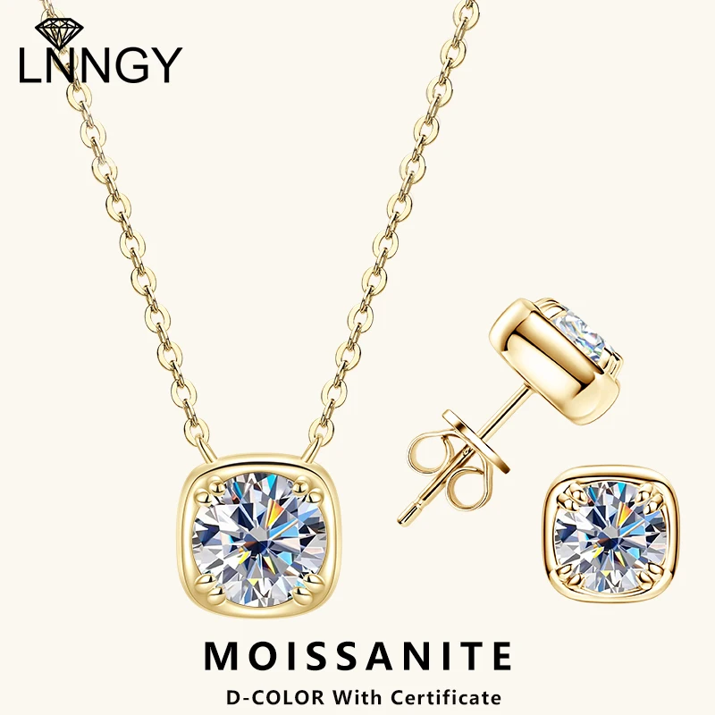 

Lnngy 6.5mm 1ct Moissanite Necklace Stud Earring For Women Sparkling Single Stone Square Pendant Necklace Earrings Jewelry Set