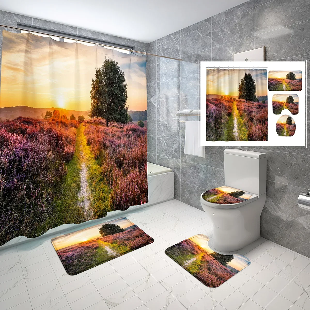 4 PCS Country Landscape Shower Curtain Sets,Nature Grass Valley Cloud Waterproof Bath Curtain,Non-Slip Bath Mat Toilet Cover Set