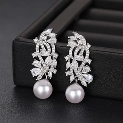 Huitan Elegant Lady Wedding Earrings with Simulated Pearl Graceful Accessories for Engagement Brilliant Zirconia Pendant Jewelry