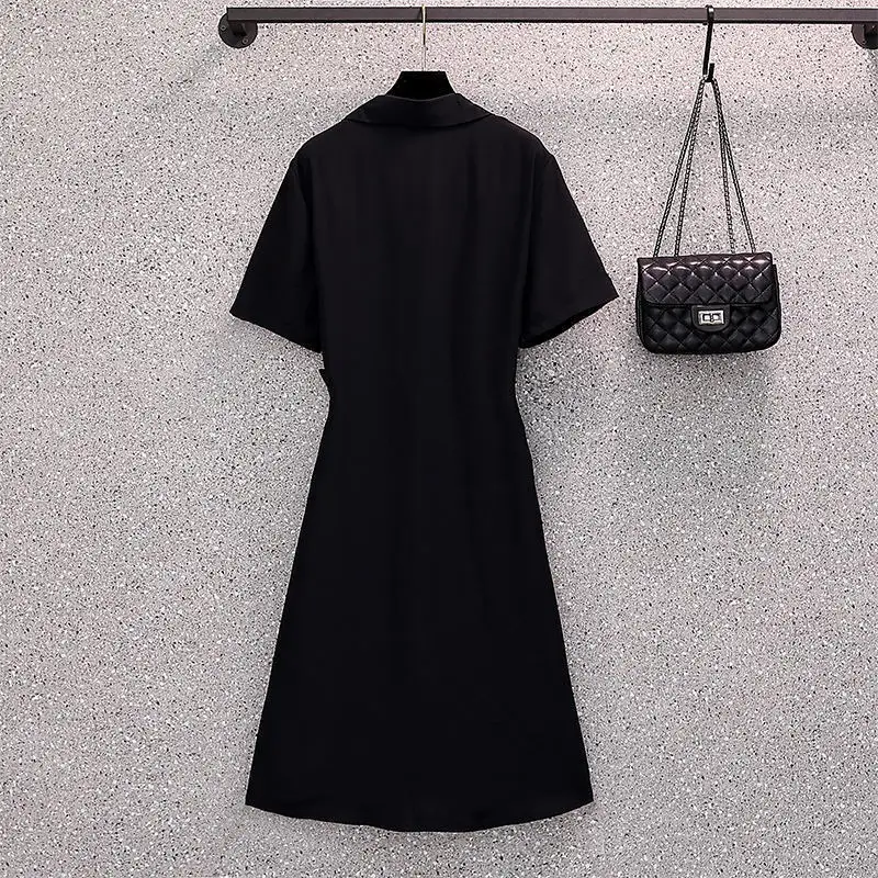 Asymmetrical Print Turn-down Collar Fashion Short Sleeve A-line Skirt Young Style Summer New Belt Empire Women\'s Clothing 2022