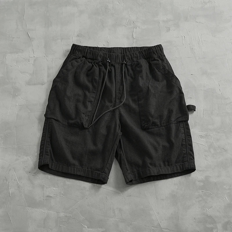 Loose Trend Simple Cargo Big Pocket Shorts Men's Cotton Made Old Wash Elastic Waist Drawstring Five Quarter Pants